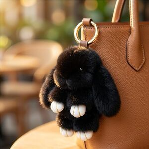 Fluffy Real Rabbit Fur Bunny Black Plush Toy Ring Pendant Bag Charm Keychain